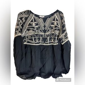 Sundance Black Ivory Silk Embroidered Baby Doll Top Flowy Long Sleeve L